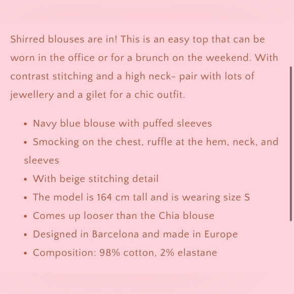 MindTraveler Eloise Navy Shirred Blouse Navy smocked blouse top New S - Picture 3 of 6